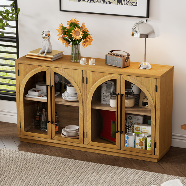 4-Door Large Storage Sideboard Buffet Cabinet with Glass Doors, Arched Cabinet with Adjustable Shelves for Kitchen, Dining Room and Living Room (Natural Wood)