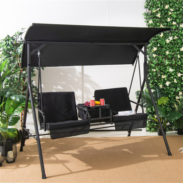 2 Seater Porch Swing Chair with Handy Storage and 360° Rotatable Tray Black