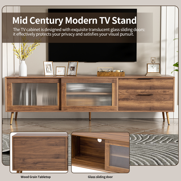 Modern TV Stand for 75"+ TV, TV Console with 2 Glass Doors, Entertainment Center with 2 Drawers & Storage Cabinet, 70" Media Console Table for Living Room, Bedroom