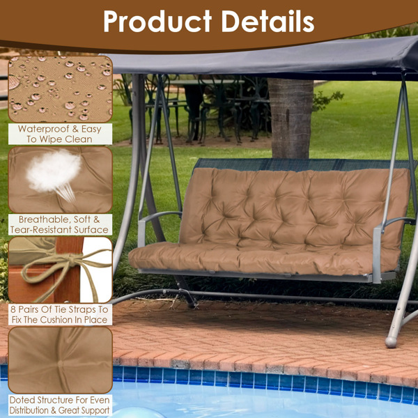 Swing Replacement Seat Cushions, Cushions for Outdoor Furnitur with Backrest, Garden Recliner Waterproof Porch Swing Cushions with Backrest 8 Tie Straps 59x43.3x3.9in for Patio Furniture--Khaki