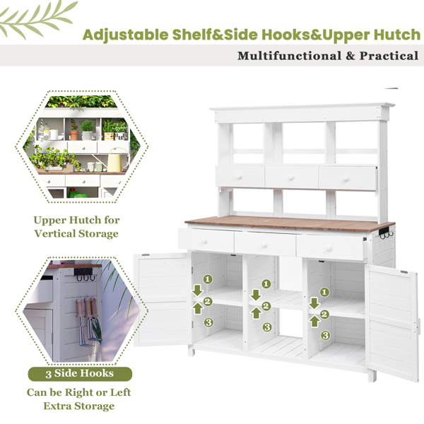 [Assembly Video Provided] 65.7'' H Tall Garden Potting Bench Table with Hutch,Patio Storage Workstation with 3 Shelves,6 Drawers,2 Bottom Cabinets&Side Hooks for Mudroom,Doorway, White