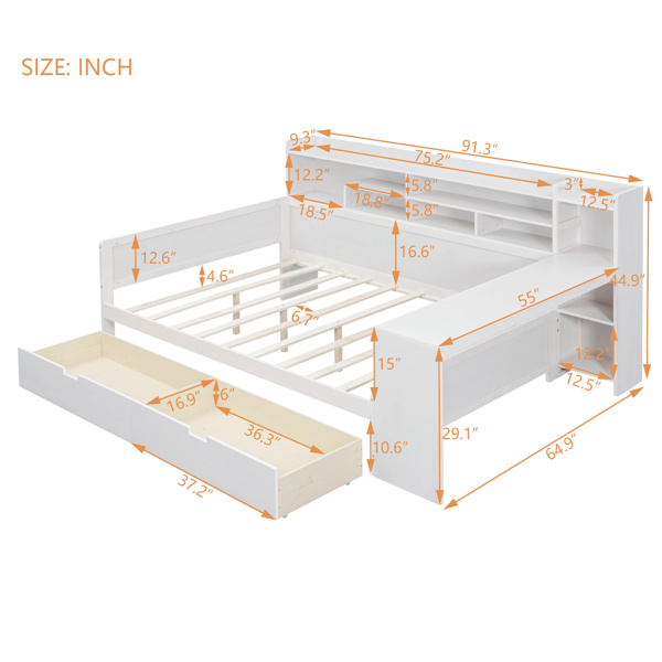 Wooden Full Size Daybed with Storage Shelves, Multi-functional Bed with Two Storage Drawers and  Study Desk, Antique White