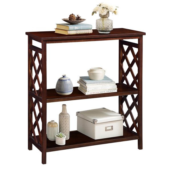 Console Table 3-Tier with Storage Shelves,Open Bookshelf Bookcase with Solid Wood Legs for Hallway, Living Room and Bedroom. Cherry