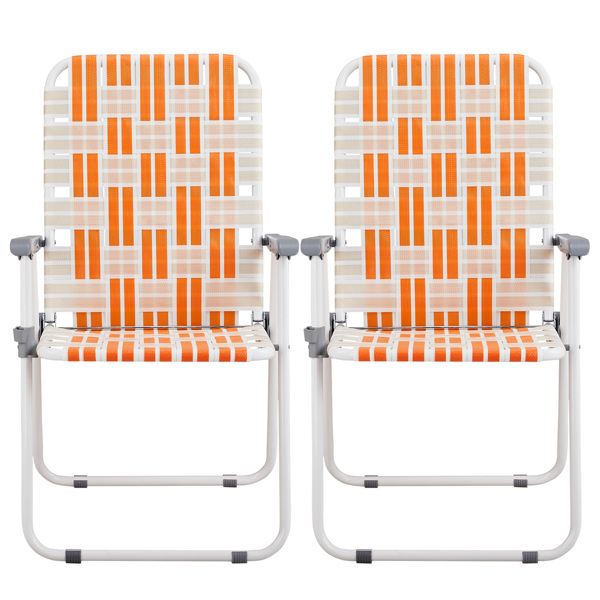 Set of 2 Webbed Folding Beach Chairs, Outdoor Patio Lawn Foldable Chairs for Camping Fishing Yard Poolside BBQ, Orange & White