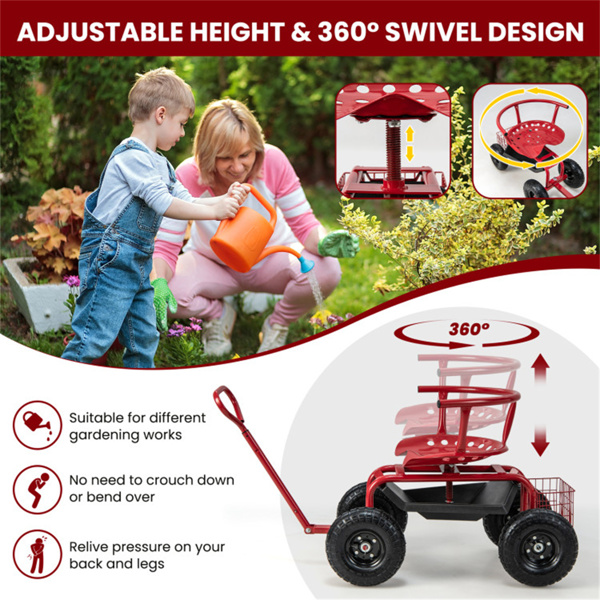 Garden Cart Height Adjustable Scooter with Swivel Seat & Tool Storage Red