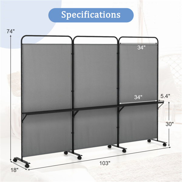 3-Panel Folding Divider with Lockable Wheels and 3 Metal Shelves Grey