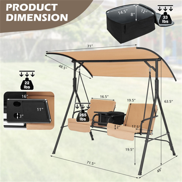 2 Seater Porch Swing Chair with Handy Storage and 360° Rotatable Tray