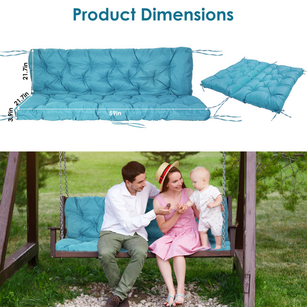 Swing Replacement Seat Cushions, Cushions for Outdoor Furnitur with Backrest, Garden Recliner Waterproof Porch Swing Cushions with Backrest 8 Tie Straps 59x43.3x3.9in for Patio Furniture--LightBlue