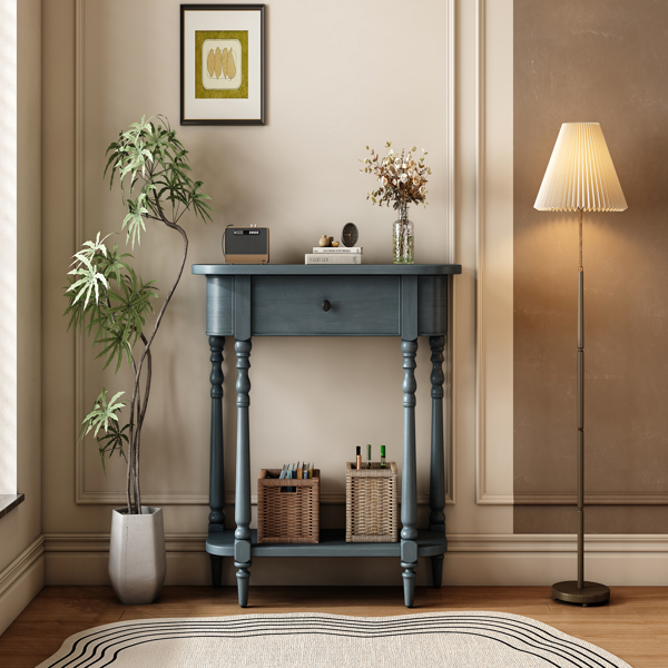 Narrow Console Table with Curved Corner, Retro Entryway Table with Top Drawer and Open Shelf, Sofa Table Console Tables for Entryway, Hallway and Living Room (Navy)