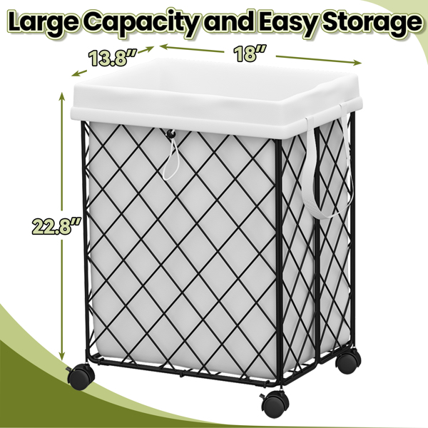 Laundry Basket with Wheels, Rolling Laundry Hamper, Detachable and washable lining, metal frame, suitable for bedrooms, bathrooms, laundry rooms, white