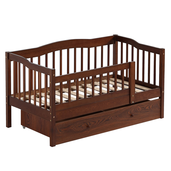 FCH Vertical Fence Brown Painted Pine Toddler Bed with Bottom Drawer and Side Car Bed