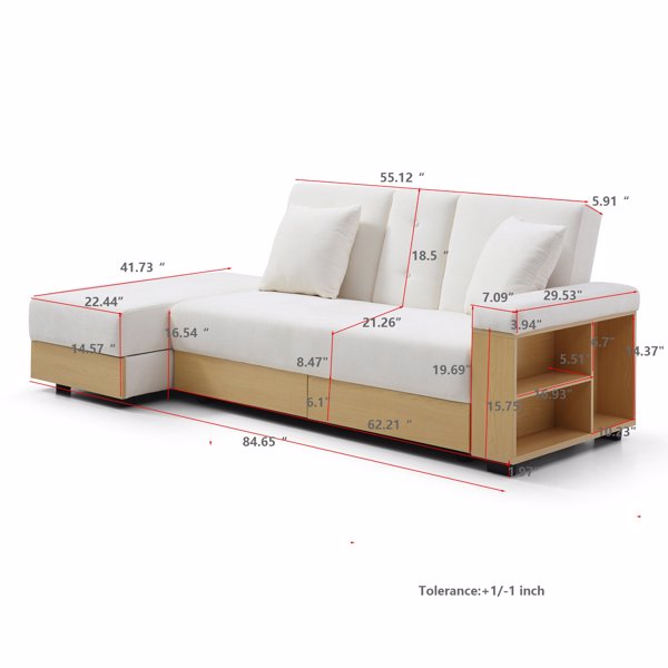 Convertible Sleeper Sofa Couch,Multifunctional Double Folding Sofa Bed,Storage Ottoman and Sofa arm with  box and drawer, Drop Down Table with 2Cup Holders for Living room,Apartment,Office,Beige