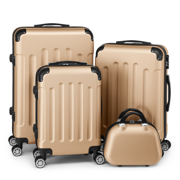 FCH Corner-Protected Four-Piece Set ABS Luggage Including 20in, 24in, 28in Suitcases + 12in Hand-Carry Case - ABS with Steel Telescopic Handle in Fashionable Champagne Gold