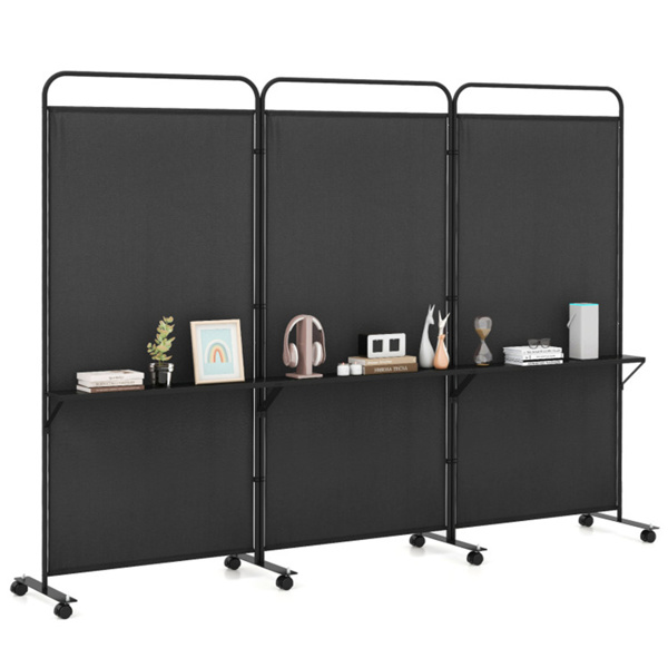 3-Panel Folding Divider with Lockable Wheels and 3 Metal Shelves Black