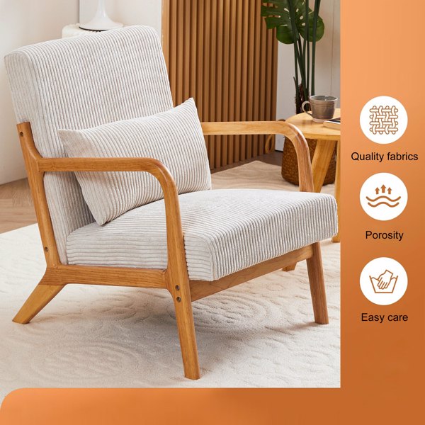 Mid-Century Modern Accent Chair, Arm Chair Living Room Chairs with Pillow Upholstered Reading Chair with Solid Wood Frame & Living Room Bedroom Balcony (beige)