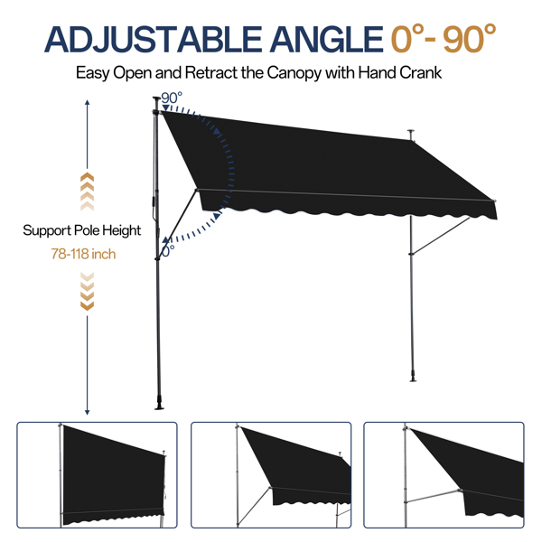 118.1"D x 59.1"W x(78.7 -118.1)"H Retractable Awning Black