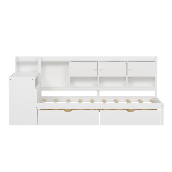 Wooden L-Shape Daybed with Seven Storage Cabinets and Two Storage Drawers, Multi-functional Bed with Study Desk and Built-in Bookshelf, White