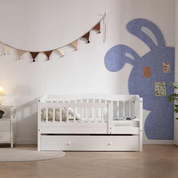 FCH Vertical Fence White Painted Pine Toddler Bed with Bottom Drawer and Side Car Bed