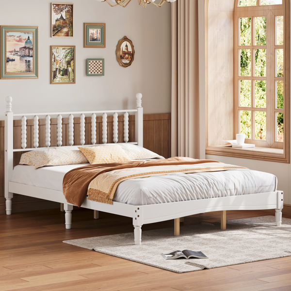 Queen Size Wood Platform Bed with Gourd Shaped Headboard,Retro Style Platform Bed with Wooden Slat Support,Walnut