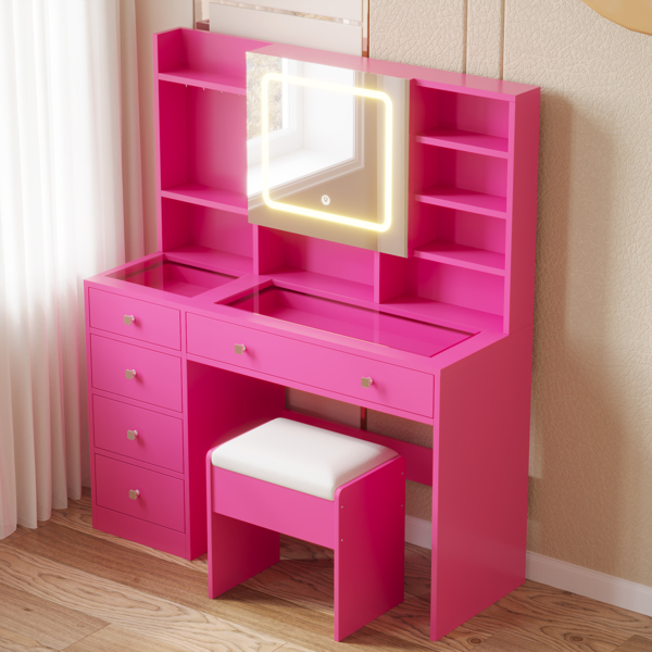 Barbie Pink Textured Particle Board with Melamine Laminate, Tempered Glass Top, Five-Drawer Dressing Table Set with Shelves, Hooks, Power Strip, and LED Three-Color Dimmable Light