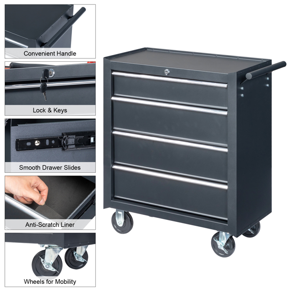 Single-bottom cabinet 4-draw, steel, black 330lb instrument cart, storage room