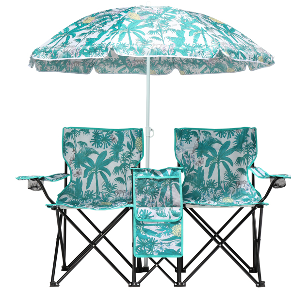 Portable Outdoor 2-Seat Folding Chair with Removable Sun Umbrella Pineapple