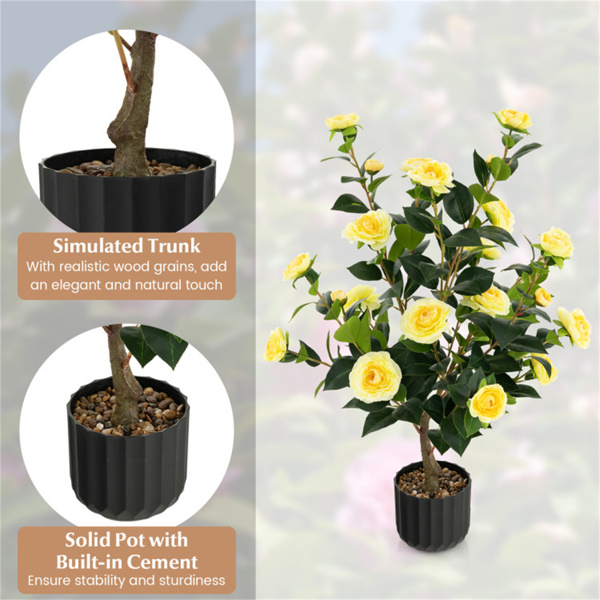 2 PCS 38 Inch Artificial Camellia Tree Faux Flower Plant in Cement Yellow