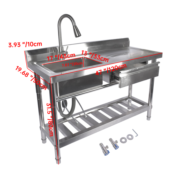 Stainless Steel Kitchen Sink Commercial Freestanding Utility Sink with Drawer and Pull-Out Faucet (47", Left Sink)