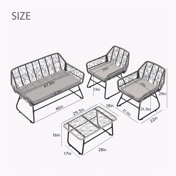 Outdoor Furniture 4 Piece wicker patio furniture set,glass table,With cushion,Suitable for patio, garden, balcony, etc.