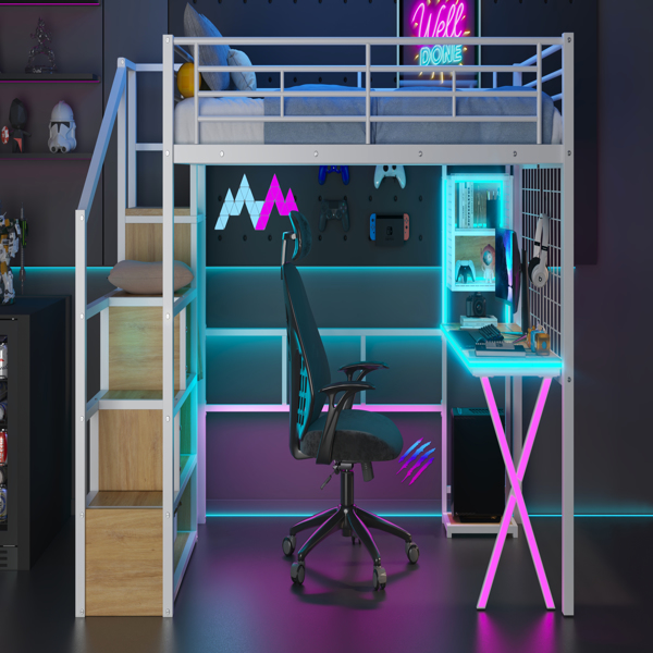 Full Size Metal Loft Bed with Built-in Work Station, Wardrobe, Storage Staircase and LED, White