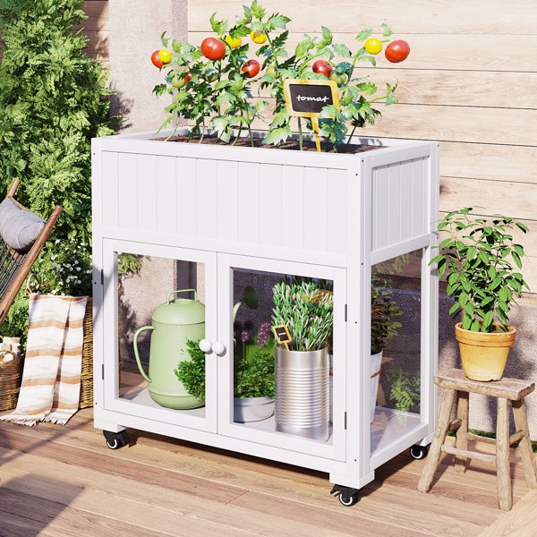 35.4''x17.7''x37.4'' Mini Wood Cold Frame, Compact 2 Doors Garden Greenhouse with Wheels, Raised Bed with Liner for Indoor Outdoor Use, White