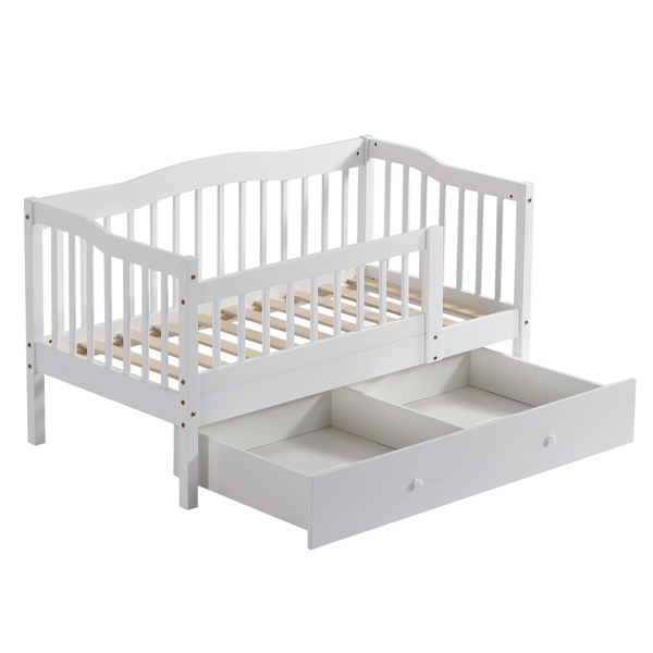 FCH Vertical Fence White Painted Pine Toddler Bed with Bottom Drawer and Side Car Bed