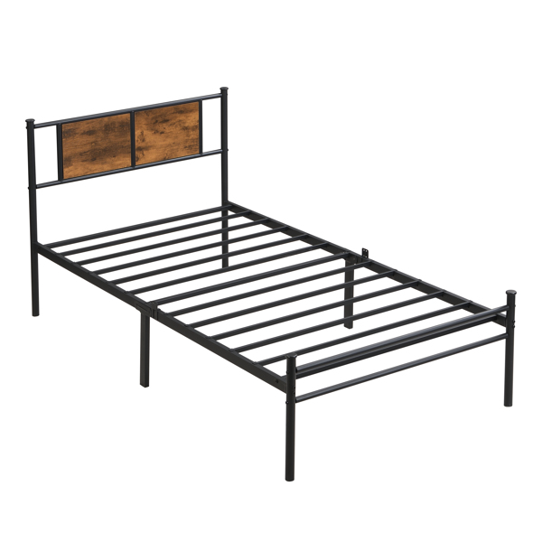 Twin Size metal bedframe,Headboard with wood panel decoration,black