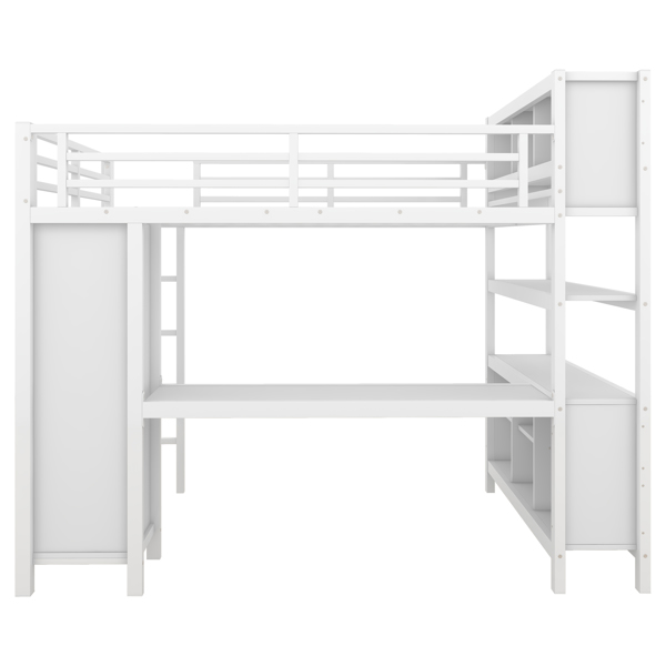 Metal Loft Bed with Wardrobe And L-shaped Desk, Full Size Loft Bed with Storage Cubes and Shelves, Heavy Duty Loft Bed for Kids Teens Adults, White