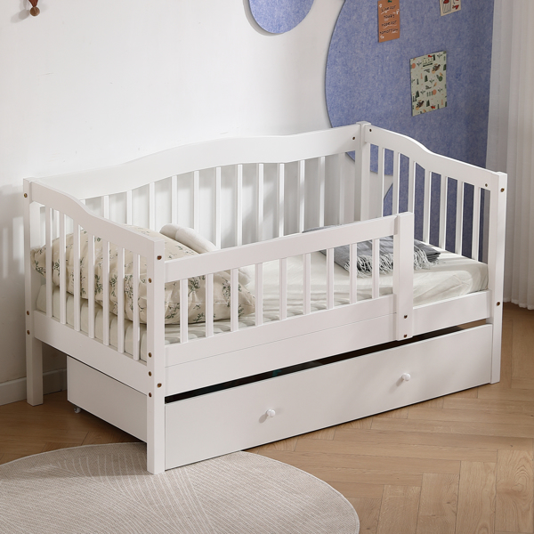 FCH Vertical Fence White Painted Pine Toddler Bed with Bottom Drawer and Side Car Bed