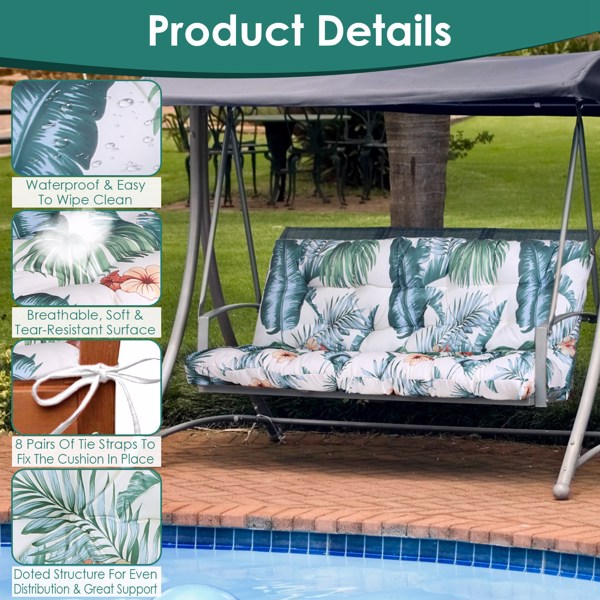 Swing Replacement Seat Cushions, Cushions for Outdoor Furnitur with Backrest, Garden Recliner Waterproof Porch Swing Cushions with Backrest 8 Tie Straps 59x43.3x3.9in for Patio Furniture--GreenLeaf