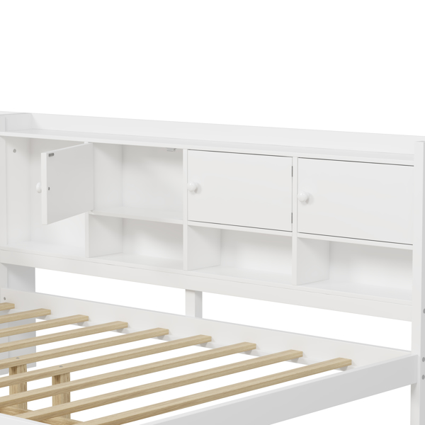 Wooden L-Shape Daybed with Seven Storage Cabinets and Two Storage Drawers, Multi-functional Bed with Study Desk and Built-in Bookshelf, White