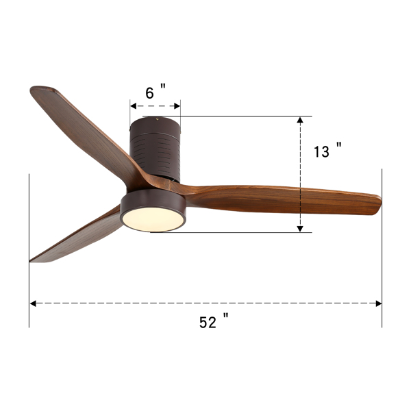 52 Inch Flush Mount Ceiling Fan with LED Light and Remote Control Solid Wood Blades