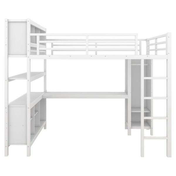 Metal Loft Bed with Wardrobe And L-shaped Desk, Full Size Loft Bed with Storage Cubes and Shelves, Heavy Duty Loft Bed for Kids Teens Adults, White