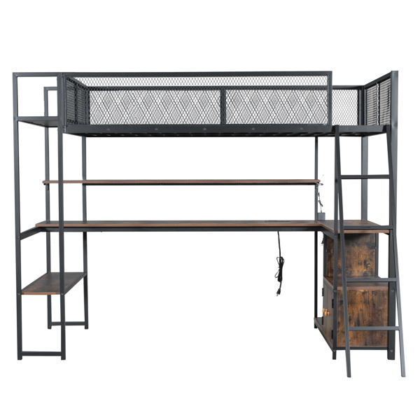 Twin Size Metal Loft Bed with Built-in Work Station, LED and Multiple Storage, Black