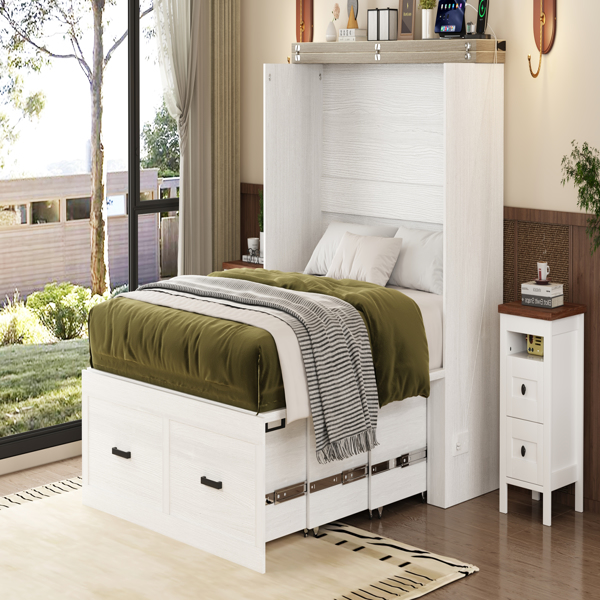 Queen Size Farmhouse Murphy Cabinet Bed with Charging Station, Foldable Platform Bed with Large Storage Drawer for Guest-Room, Small Bedroom, White