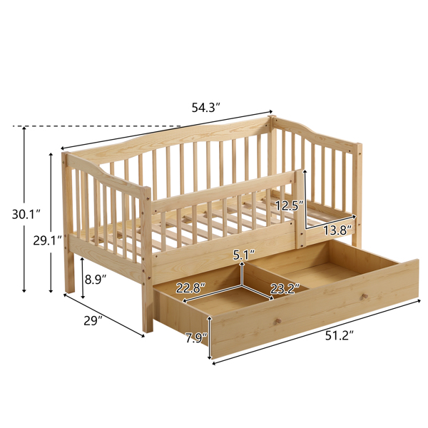 FCH Vertical Fence Wood Painted Pine Toddler Bed with Bottom Drawer and Side Car Bed