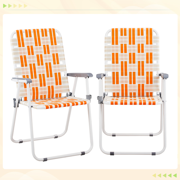 Set of 2 Webbed Folding Beach Chairs, Outdoor Patio Lawn Foldable Chairs for Camping Fishing Yard Poolside BBQ, Orange & White