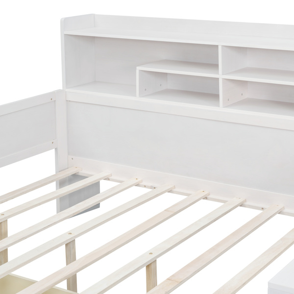 Wooden Full Size Daybed with Storage Shelves, Multi-functional Bed with Two Storage Drawers and  Study Desk, Antique White