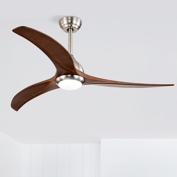 52" Solid Wood Blades Ceiling Fan With Light with Remote Control, Noiseless Reversible Motor, 6 Speed ,3 Color , for Patio Living Room, Bedroom, Indoor.(Stain nickel + Walnut )