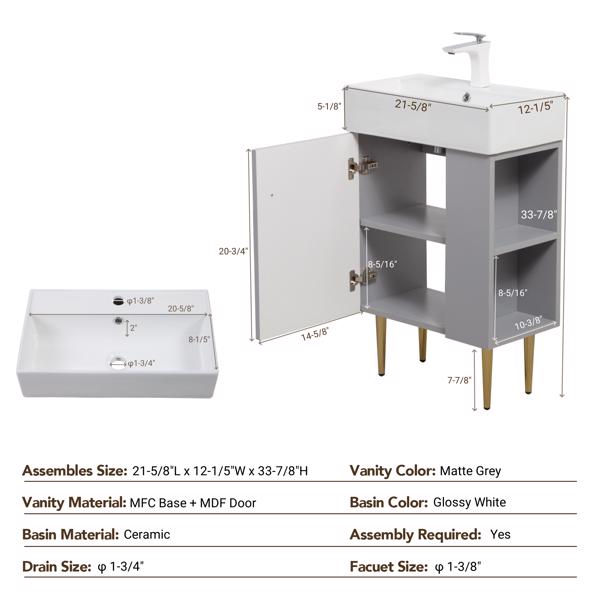 21.6" Open-shelving Bathroom Vanity with Ceramic Sink and Soft-Closing Door, Cloakroom Open Shelf Storage Cabinet on the Right Side, Assembly Required, Grey 24VB06-21MGR