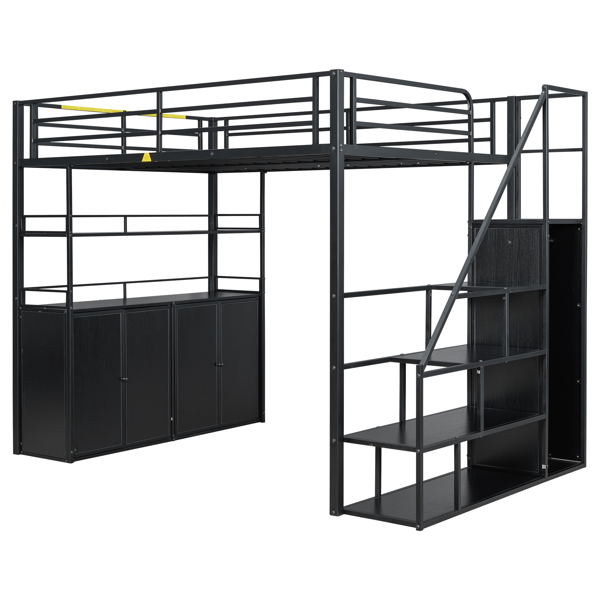 Full Size Metal Loft Bed with Storage Staircase and Wardrobe,Shelves and Lockers,Black