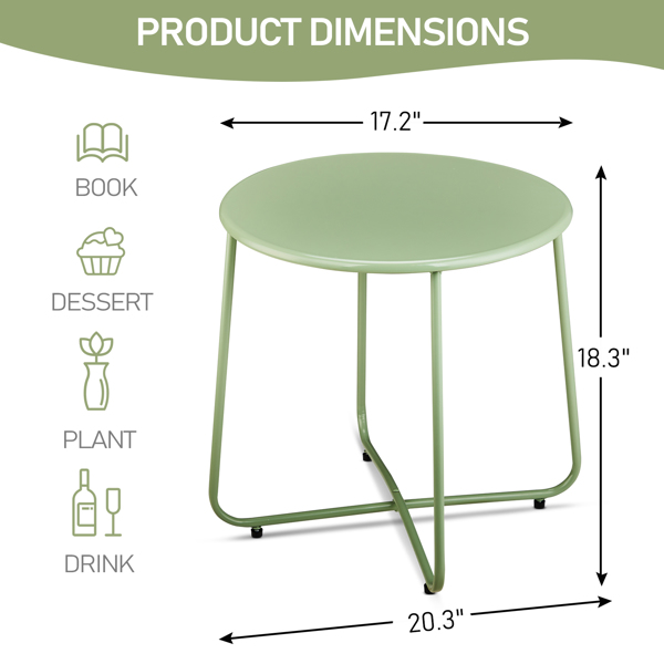 Patio Small Side Table, Waterproof Round Metal Coffee Table, Weather Resistant End Table for Indoor Outdoor Garden Balcony Yard, Green