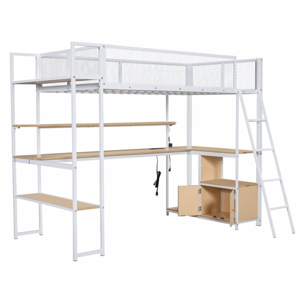 Twin Size Metal Loft Bed with Built-in Work Station, LED and Multiple Storage, White