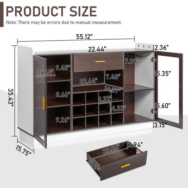 FCH Double Glass Door with Single Drawer and 12-Bottle Wine Rack Sideboard in Black Frame + White-Brown Interior Panels - Particle Board and Glass